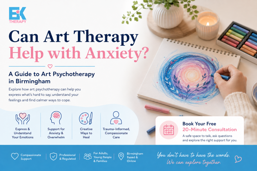 Can art therapy help with anxiety? Explore how art psychotherapy in Birmingham can support emotional expression, self-awareness and calmer ways of coping.